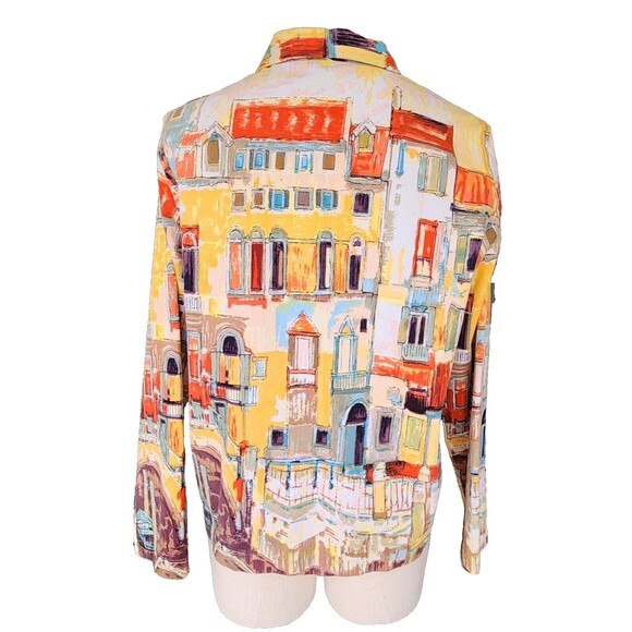 NEW DIRECTION Size Large 90's Novelty Shacket Cityscape Art to Wear Orange - Picture 2 of 5